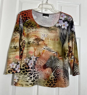Impulse California Embellished Safari Theme Multi-hue Print 3/4 Sleeves XL